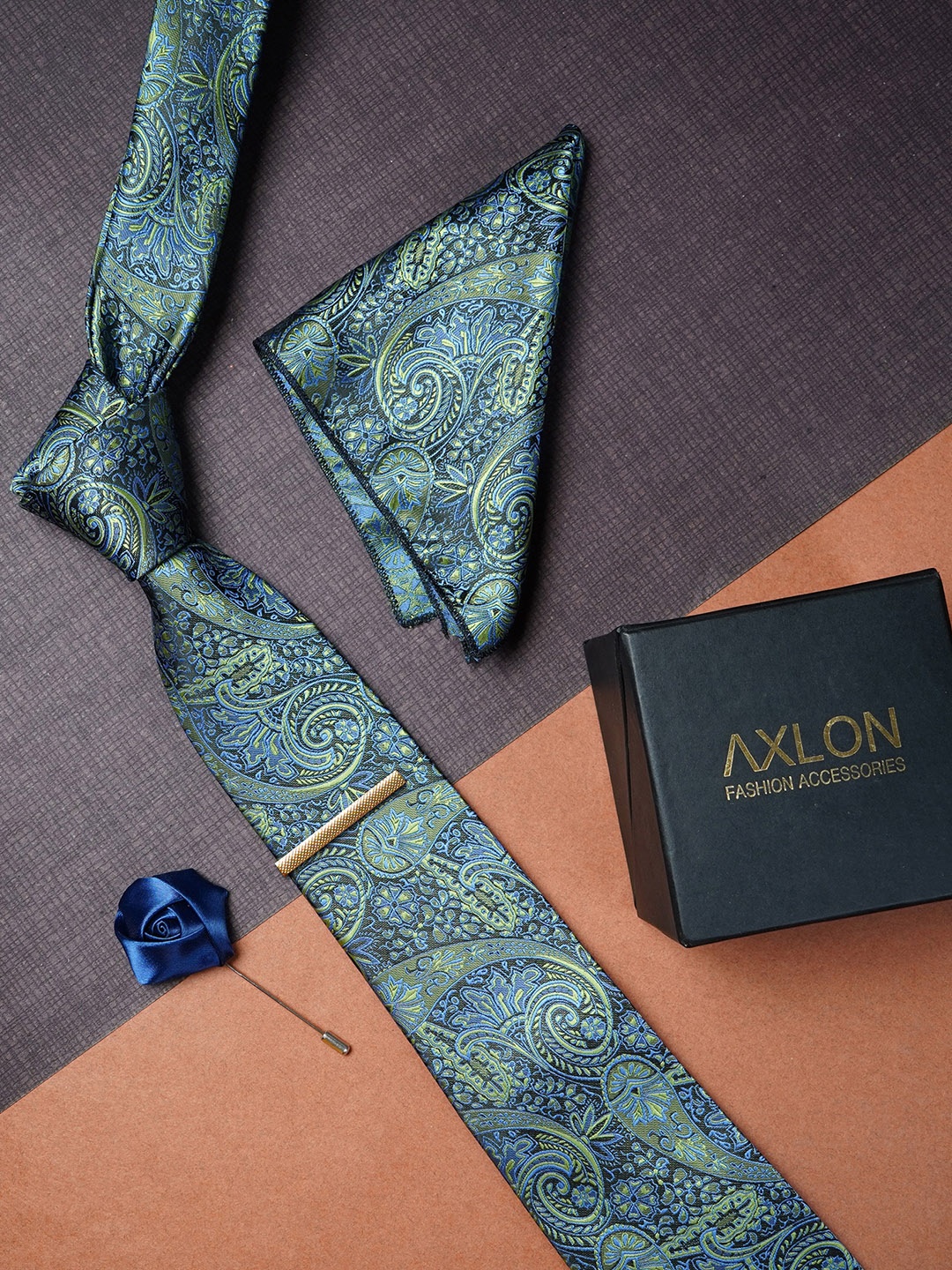 

AXLON Men Woven Design Pocket Square, Cufflink, Tie Clip & Flower Pin, Black