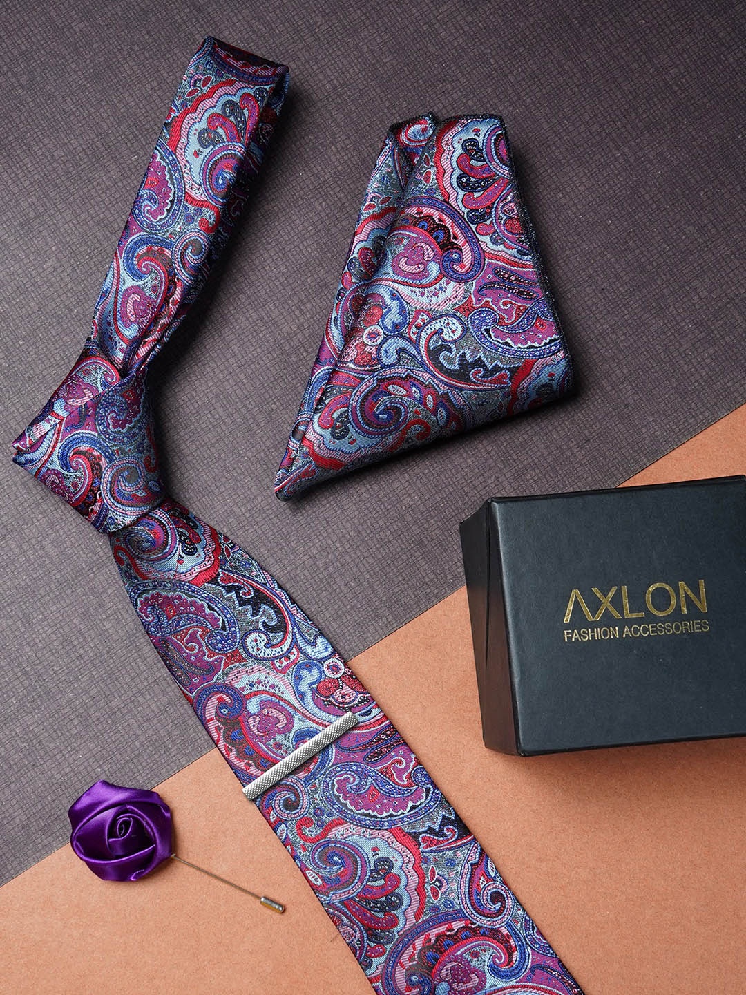 

AXLON Men Paisley Woven Design Tie With Pocket Square, Tie Clip & Flower Pin, Blue