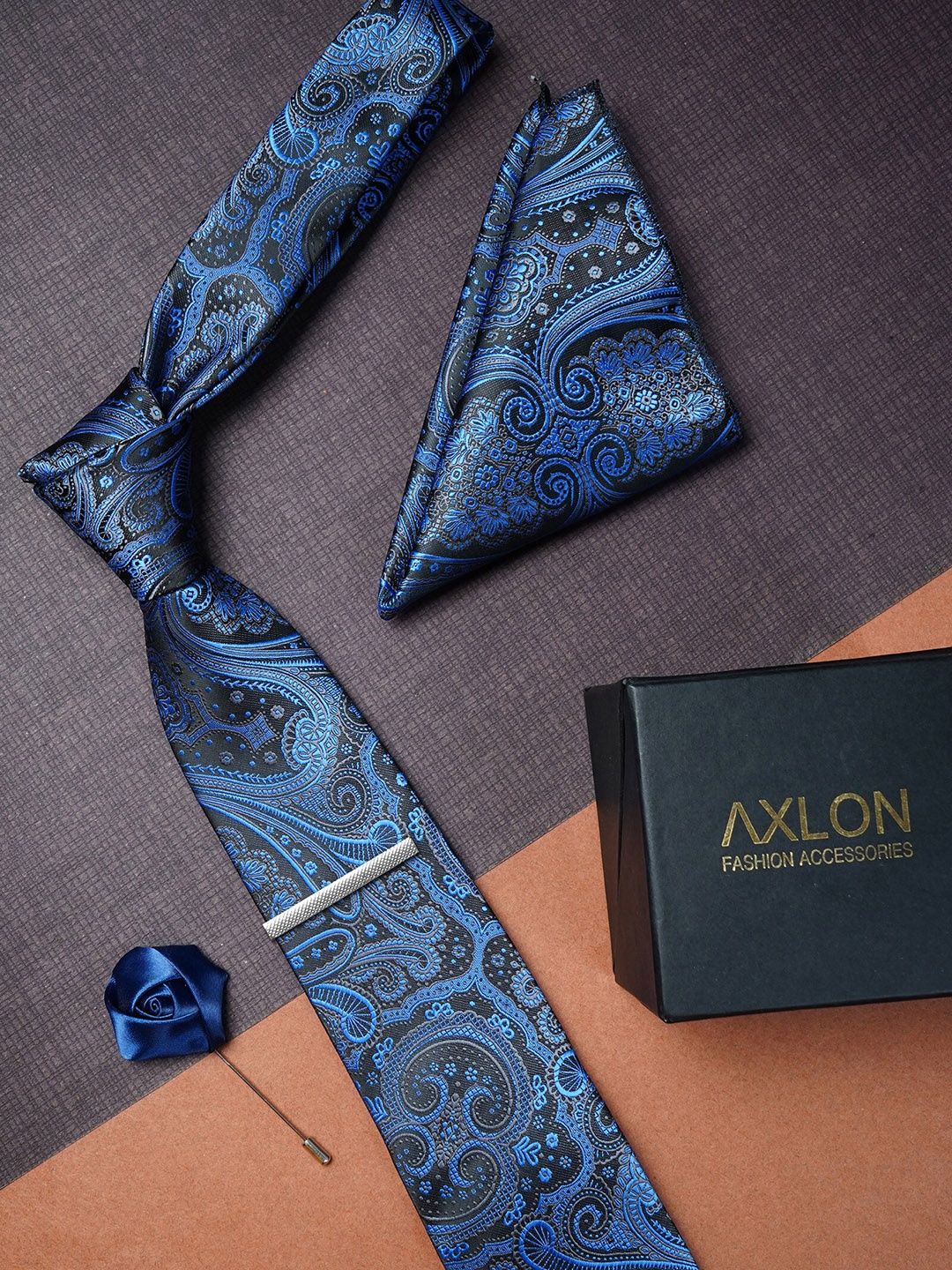 

AXLON Men Paisley Woven Design Tie With Pocket Square, Tie Clip & Flower Pin, Navy blue