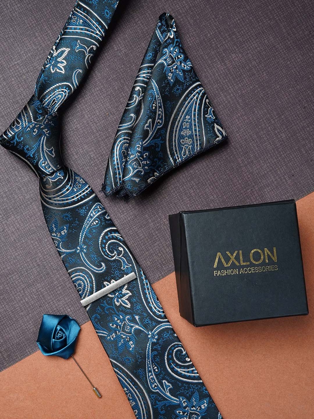 

AXLON Men Pasiley Woven Design Pocket Square, Cufflink, Tie Clip & Flower Pin, Black
