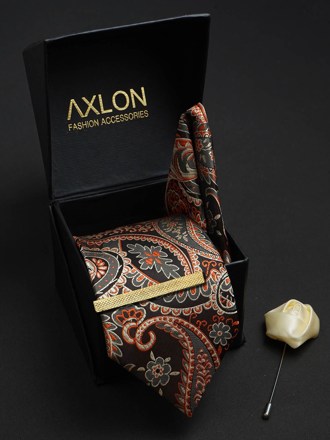 

AXLON Men Woven Design Tie Set Accessory Gift Set, Mustard