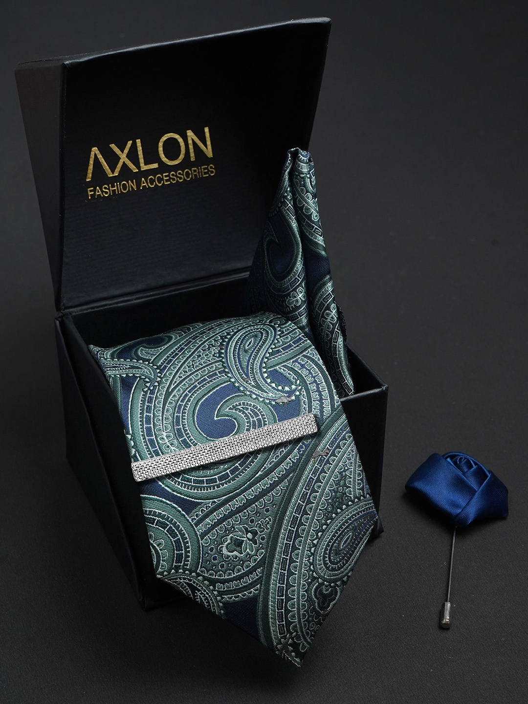 

AXLON Men Paisley Woven Design Tie With Pocket Square, Tie Clip & Flower Pin, Teal