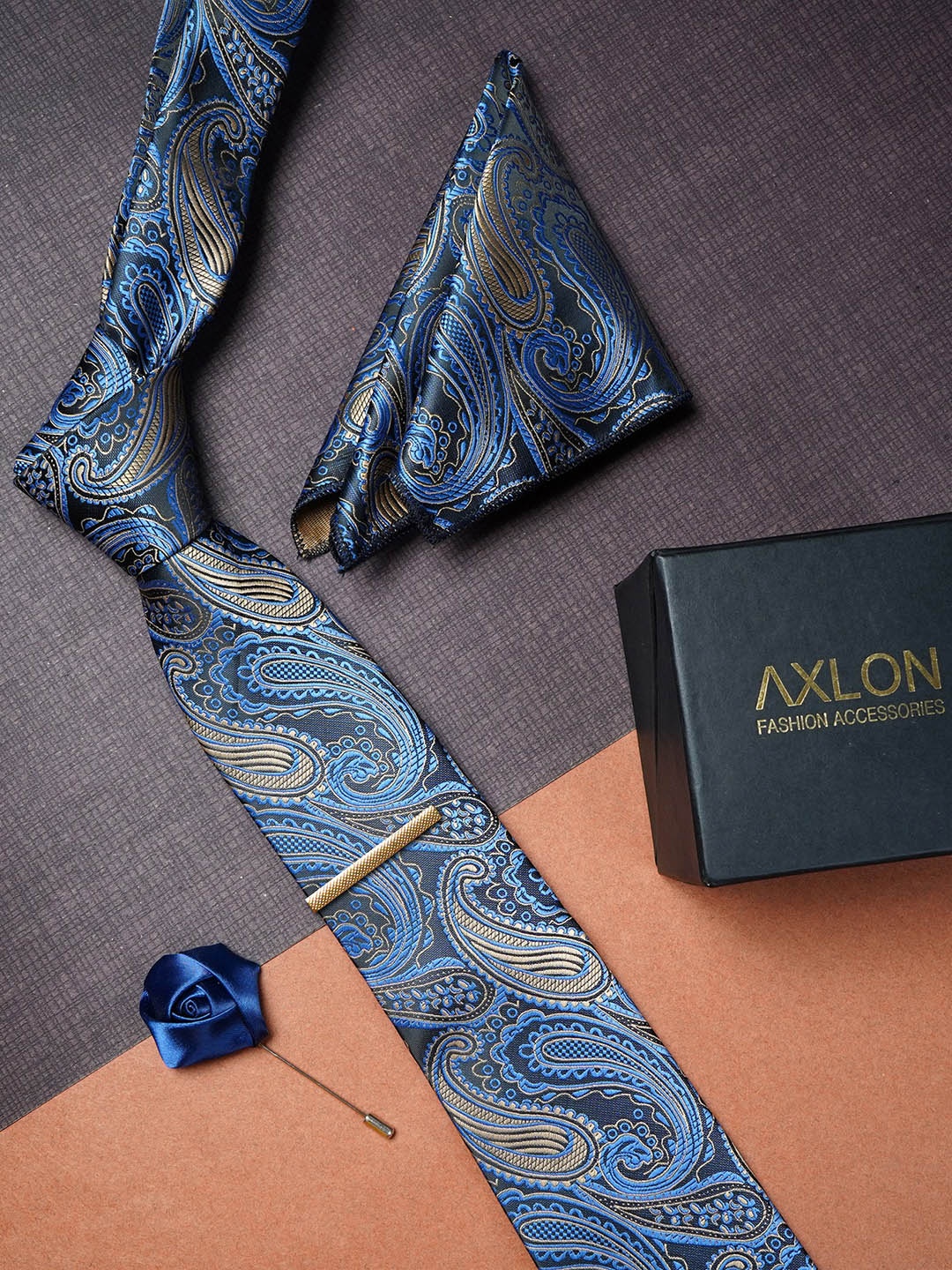 

AXLON Men Woven Design Tie Set Accessory Gift Set, Navy blue