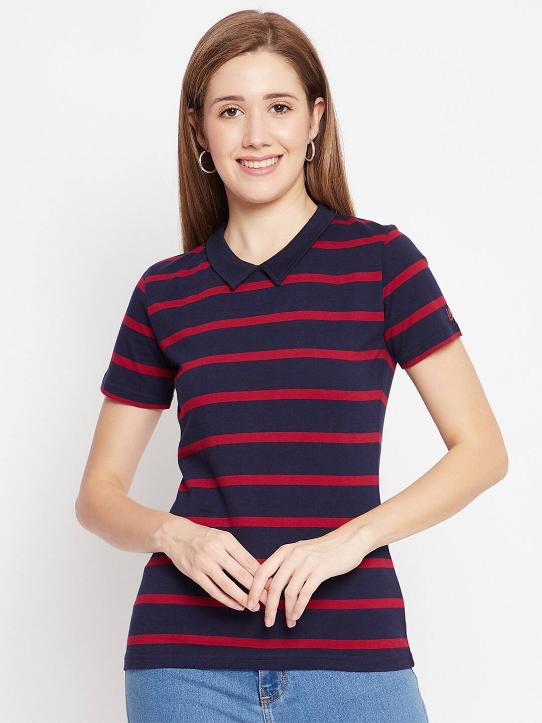 

URKNIT Horizontal Striped Peter Pan Collar Pure Cotton Top, Navy blue