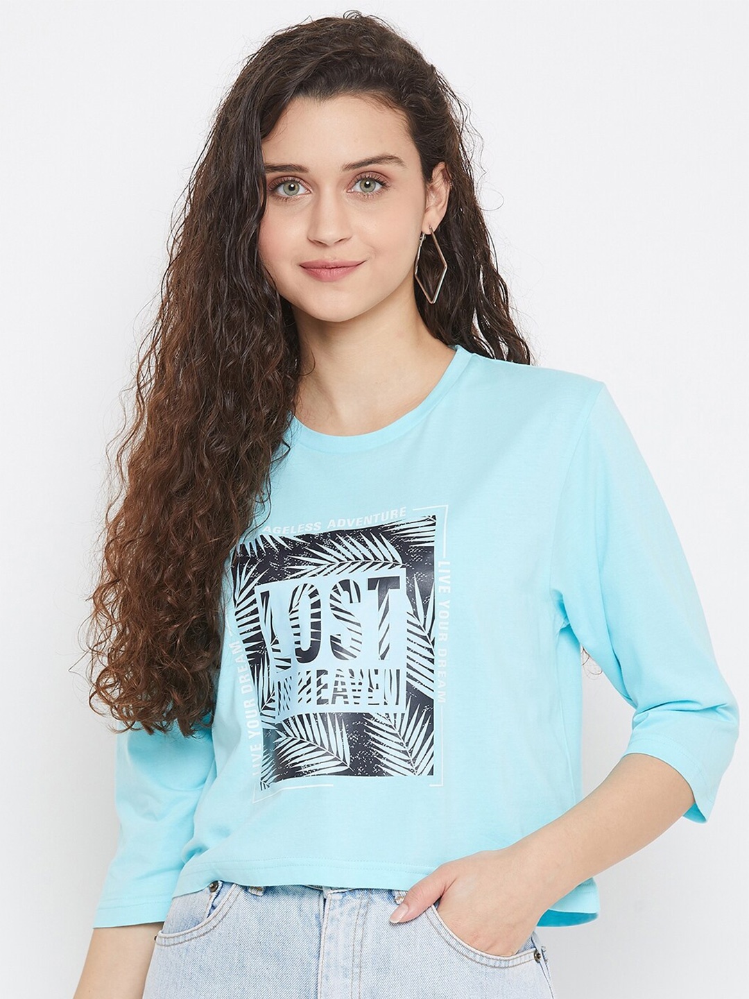 

URKNIT Graphic Printed Boxy Cotton Crop Regular Top, Blue