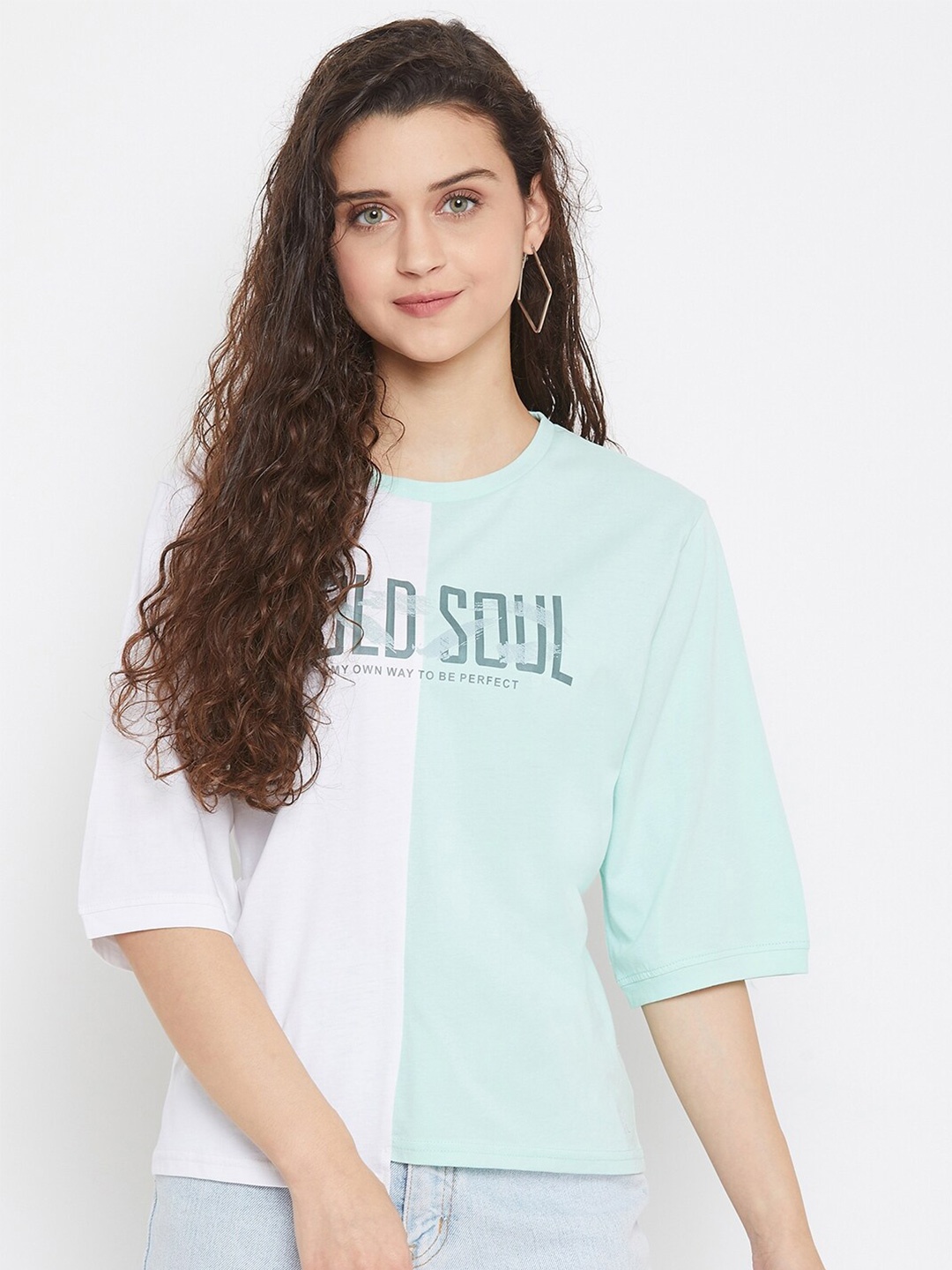 

URKNIT Colourblocked Round Neck Pure Cotton Regular Top, Green
