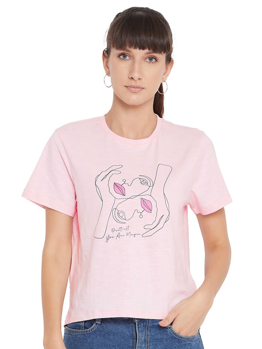 

URKNIT Abstract Printed Pure Cotton T-Shirt, Pink
