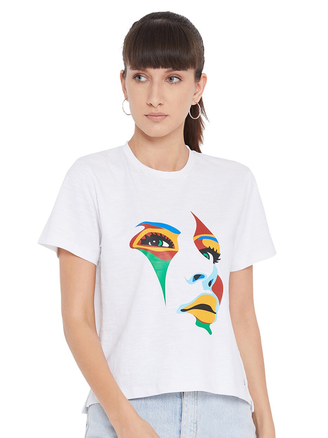 

URKNIT Graphic Printed Round Neck Pure Cotton T-Shirt, White