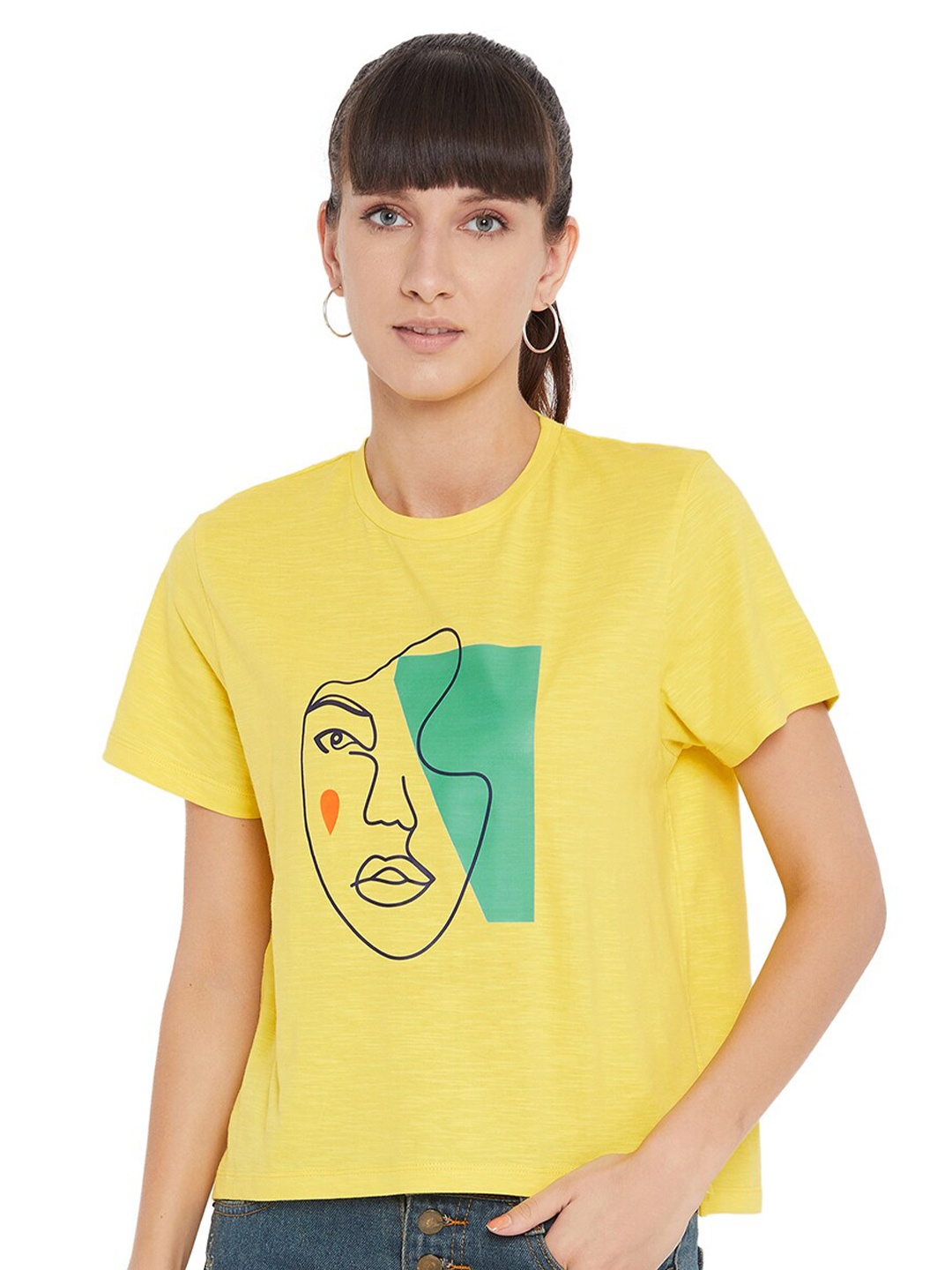 

URKNIT Graphic Printed Pure Cotton Top, Yellow