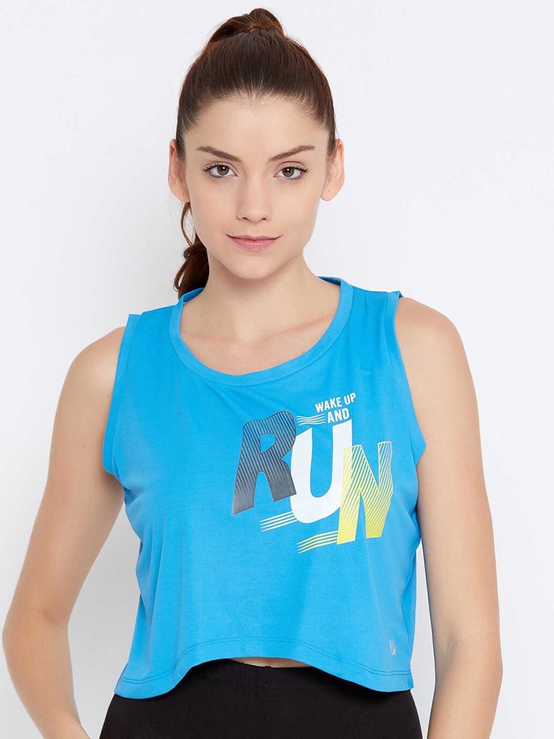 

URKNIT Typography Printed Sleeveless Crop Sports Top, Blue
