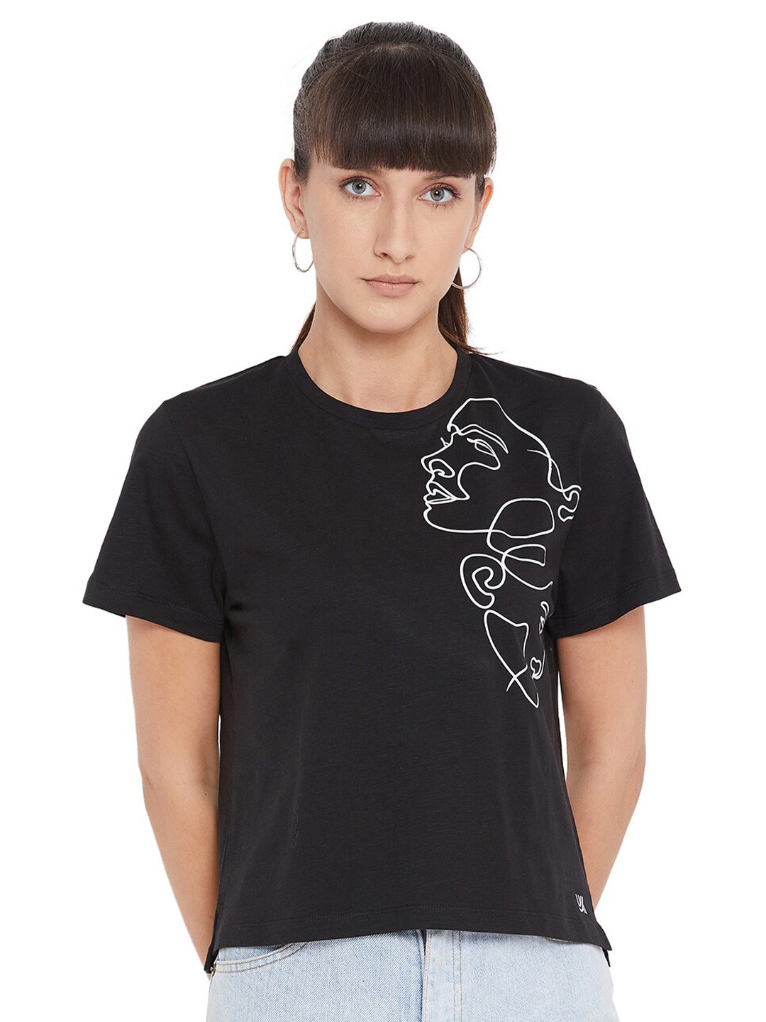 

URKNIT Graphic Printed Pure Cotton Top, Black