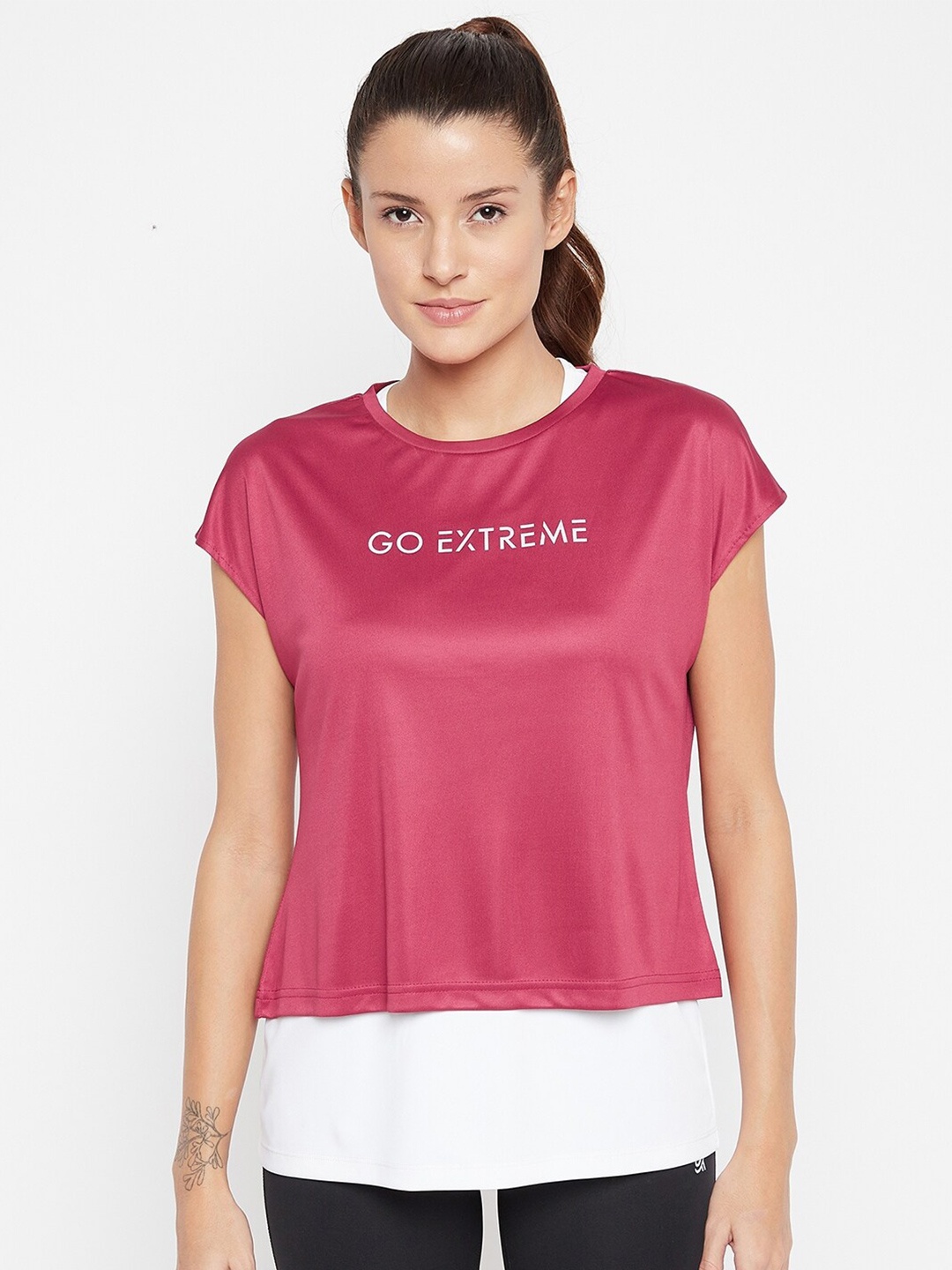 

URKNIT Typography Printed Extended Sleeves Sports Top With Tank Top, Pink