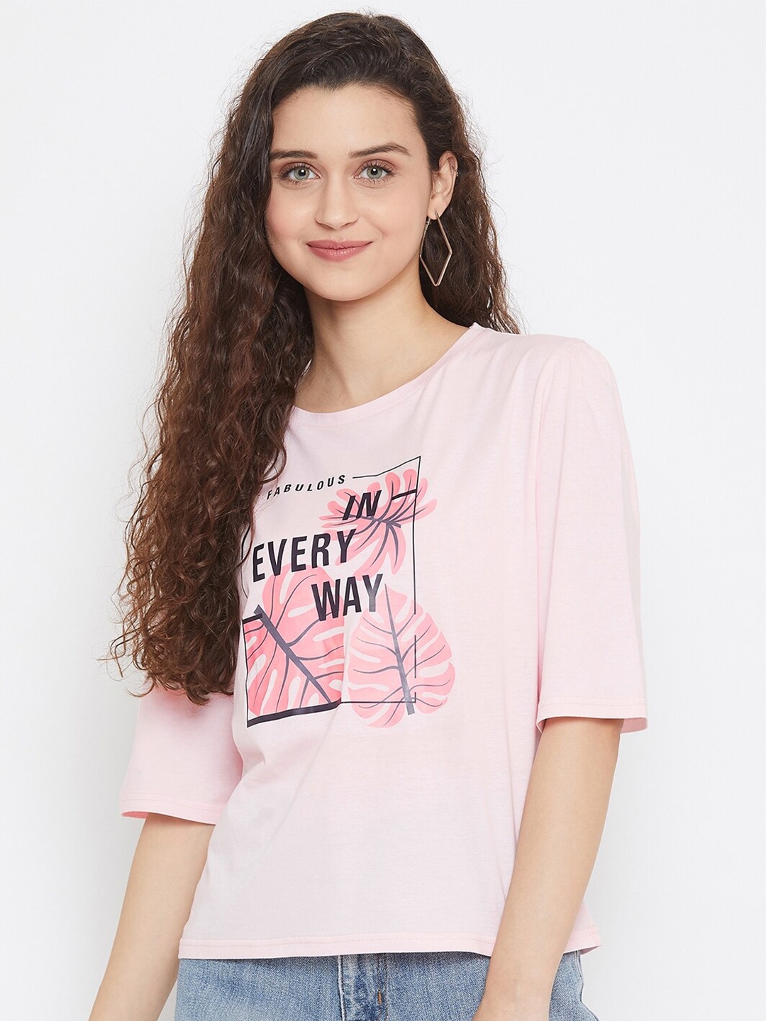 

URKNIT Graphic Printed Cotton T Shirt, Pink