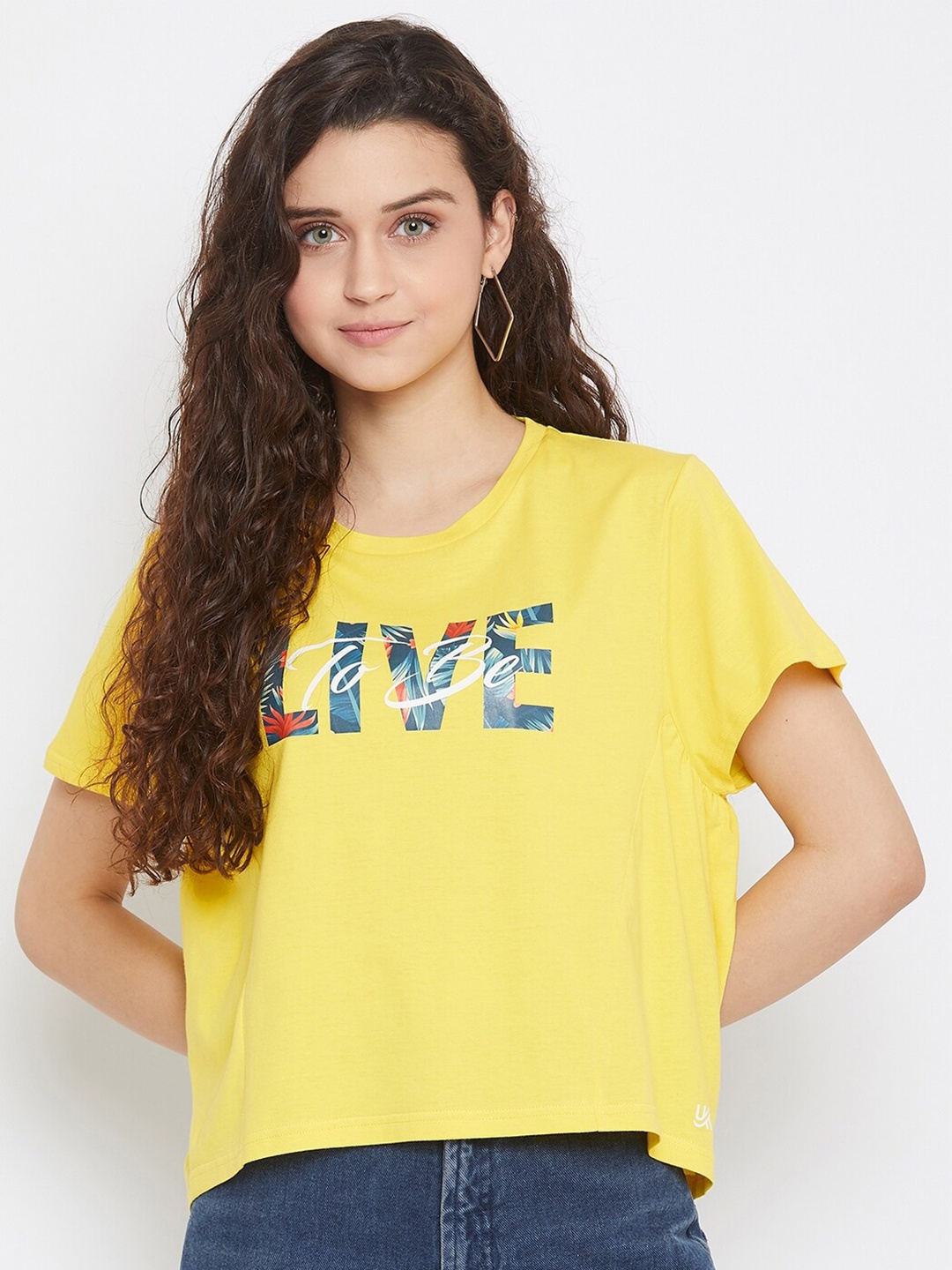 

URKNIT Typography Printed Pure Cotton Boxy Top, Yellow