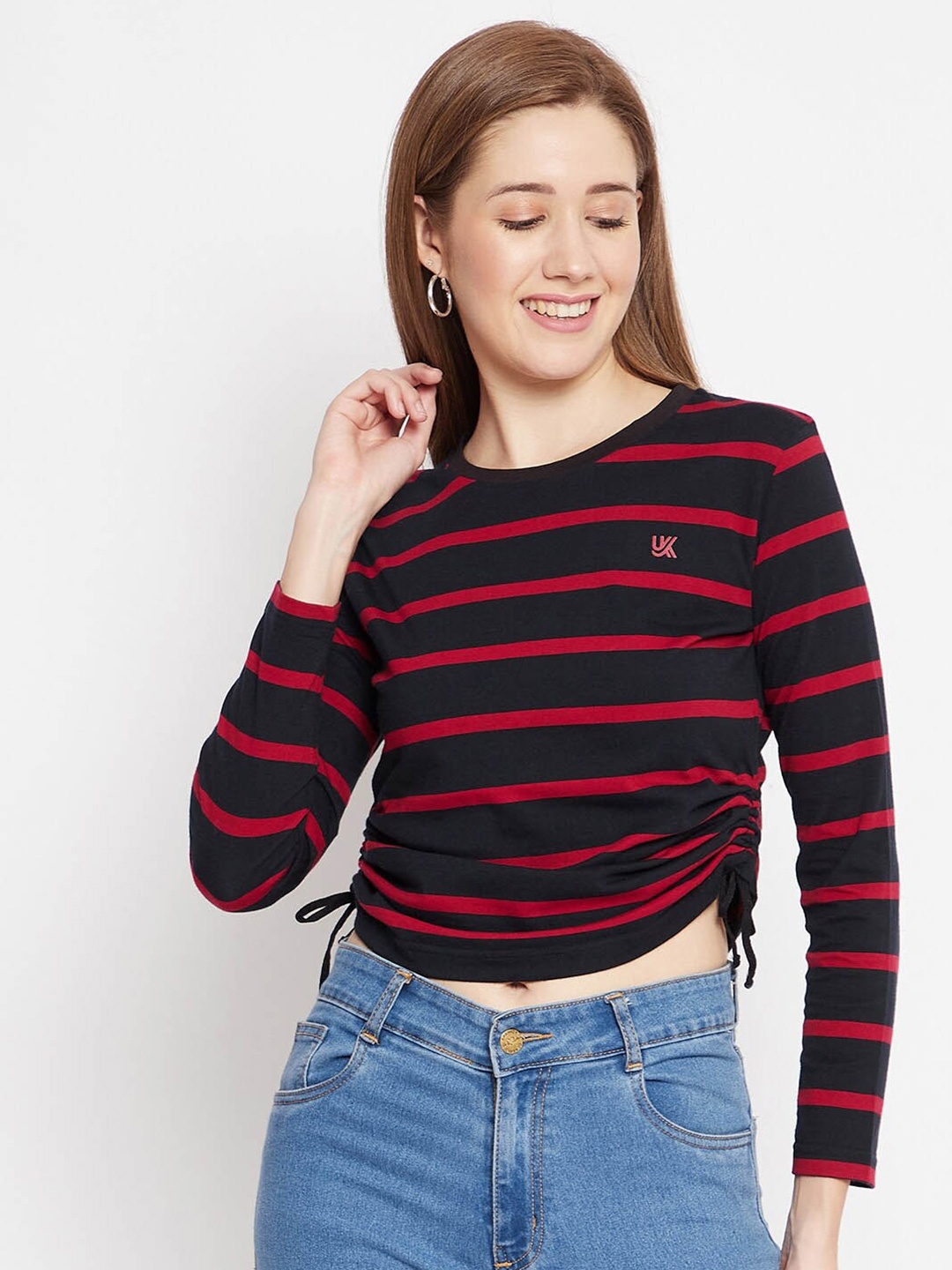 

URKNIT Horizontal Striped Round Neck Pure Cotton Crop Top, Black