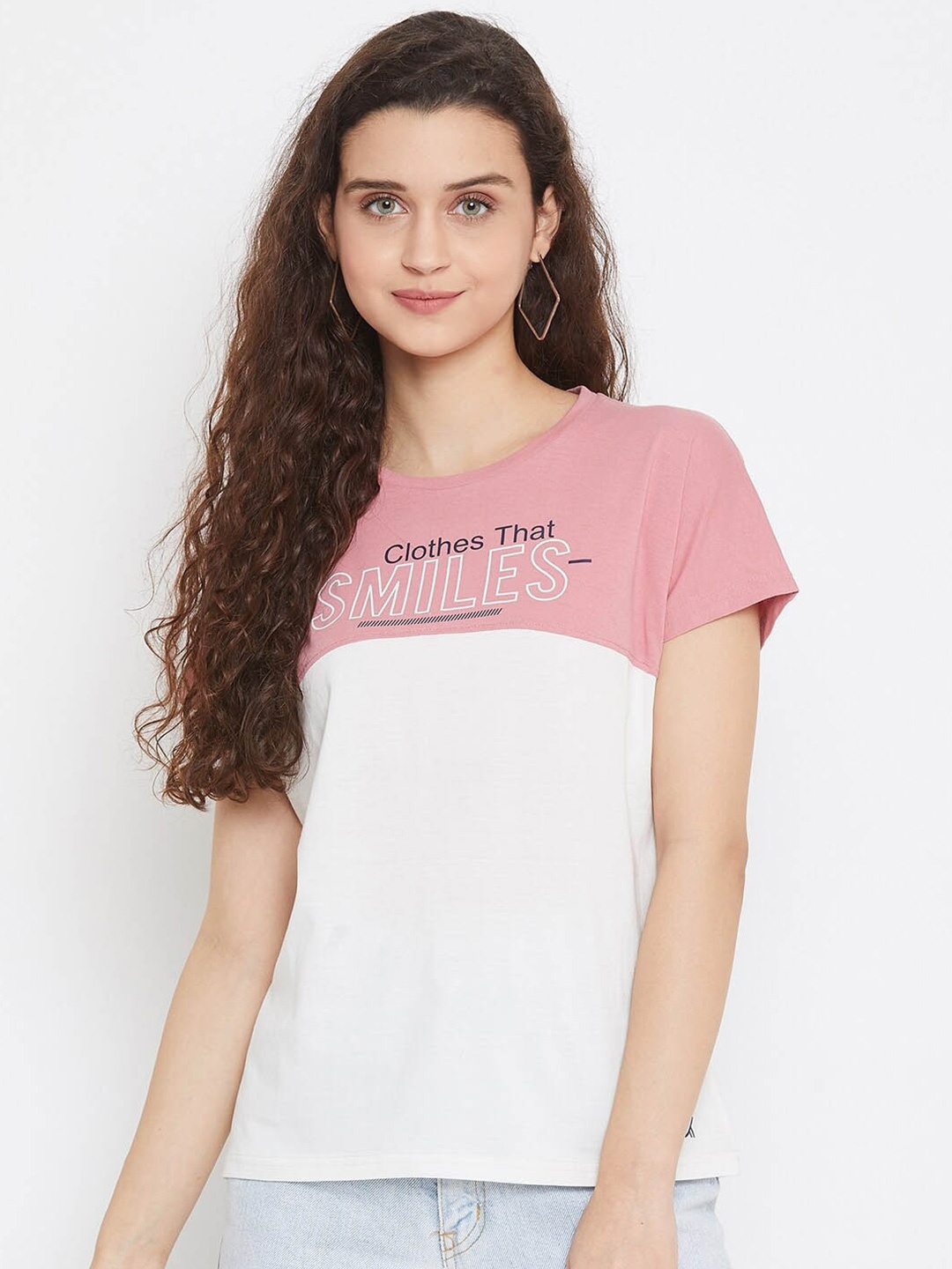 

URKNIT Colourblocked Extended Sleeves Pure Cotton T-Shirt, Pink