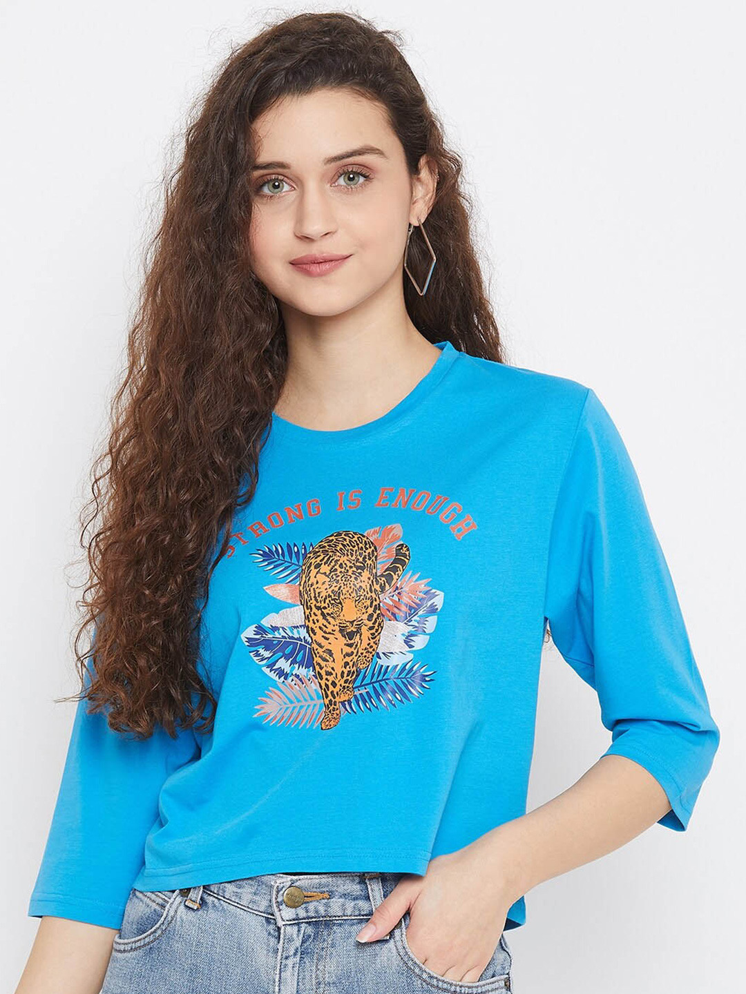 

URKNIT Graphic Printed Pure Cotton Crop Top, Blue