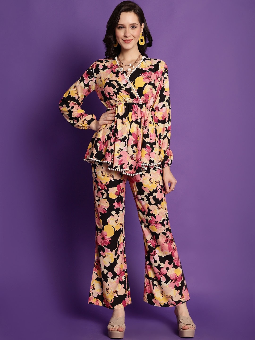 

Claura Black Floral Printed Top With Palazzo