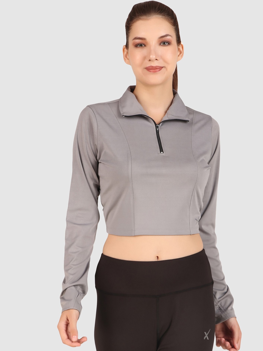 

HRX by Hrithik Roshan Grey Mock Collar Crop Sporty Jacket With Zip Detail