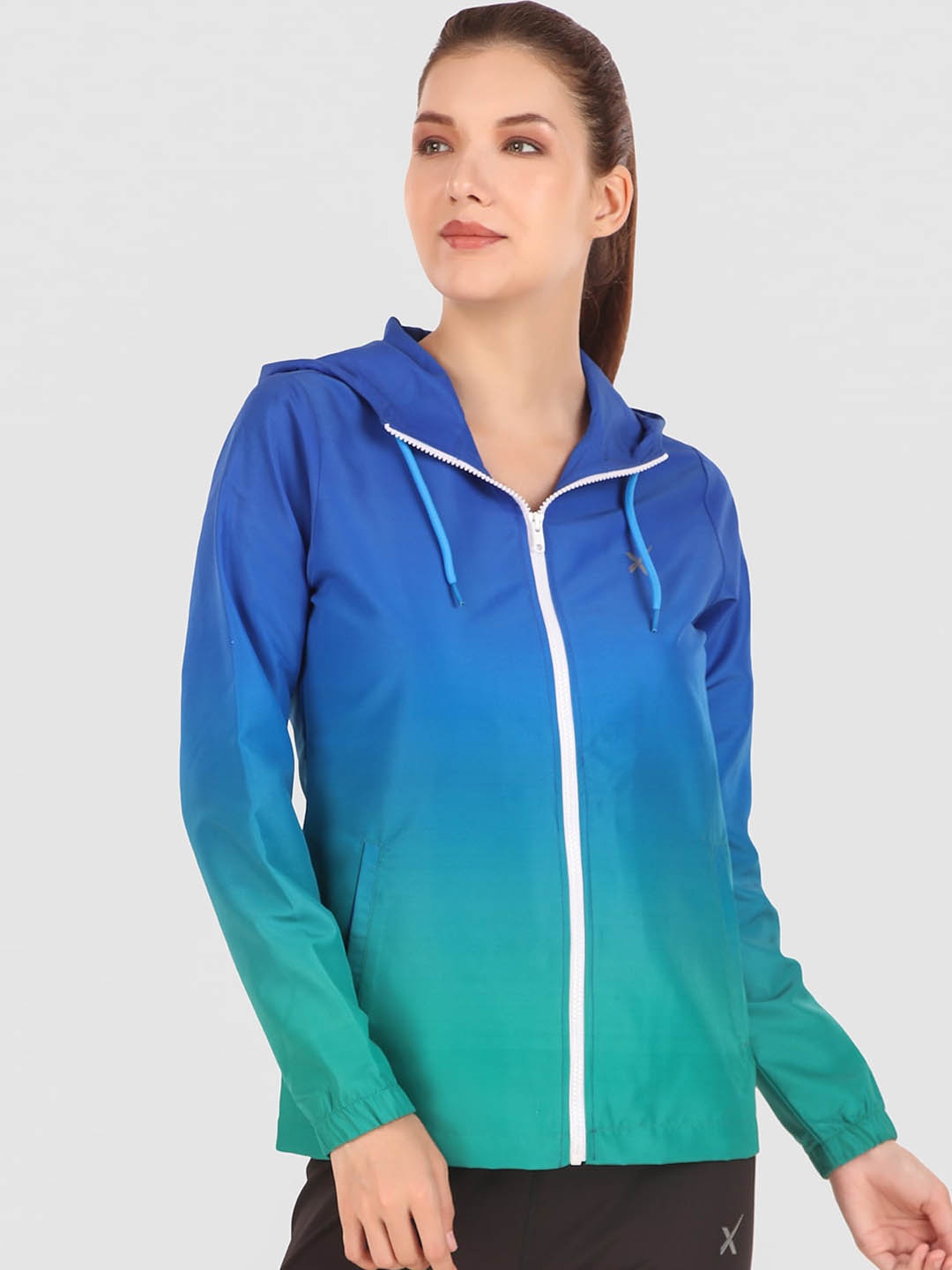 

HRX by Hrithik Roshan Blue & Green Ombre Printed Hooded Sporty Jacket With Zip Detail