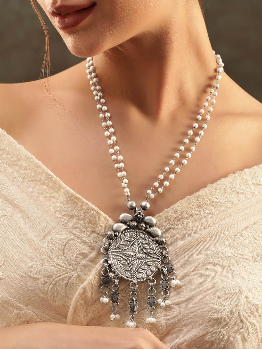 

Rubans Silver-Plated Beaded Oxidised Necklace