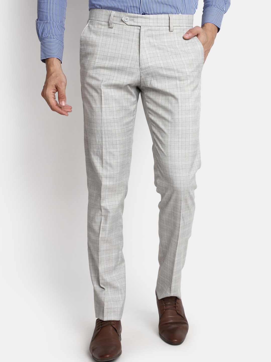 

J White by Vmart Men Slim Fit Checked Mid Rise Cotton Formal Trousers, Grey