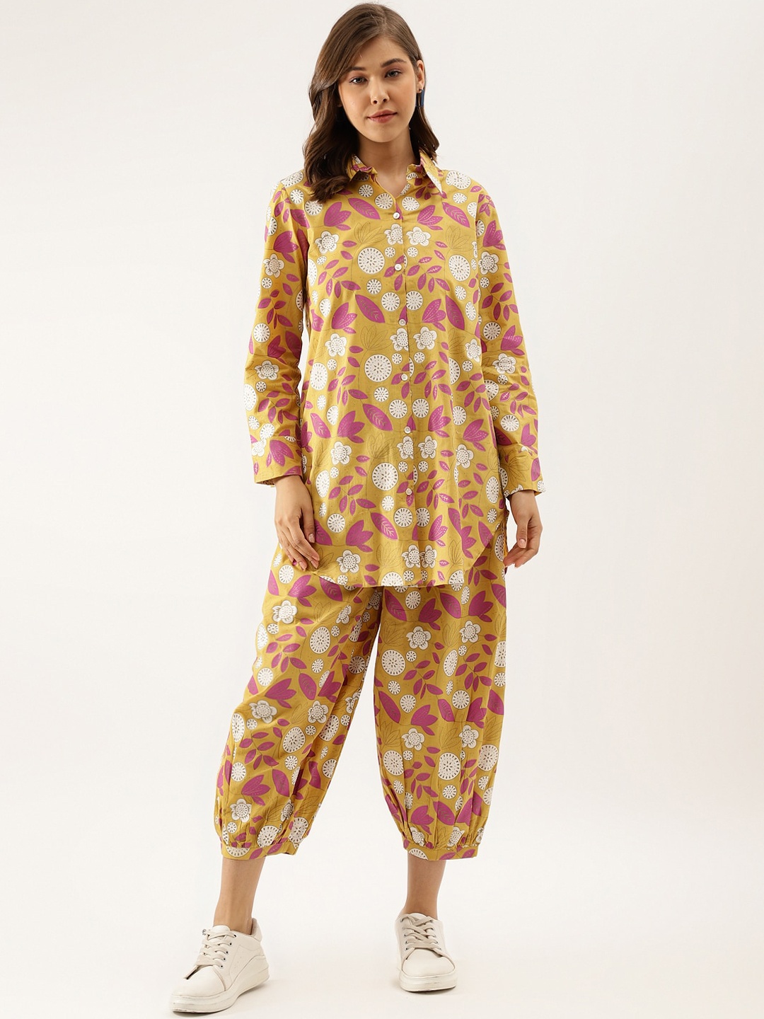 

Divena Floral Printed Shirt Collar Cotton Co-ord Set, Mustard