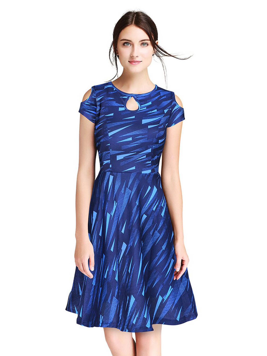 

BAESD Geometric Printed Key Hole Neck Cold Shoulder Fit & Flare Dress, Blue