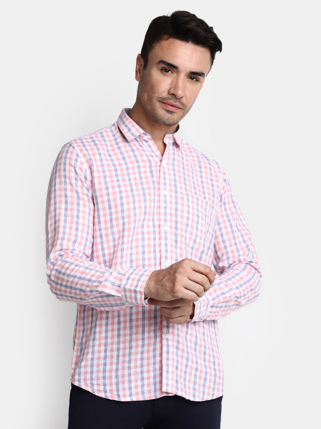 

V-Mart Grid Tattersall Checked Cotton Twill Casual Shirt, Pink