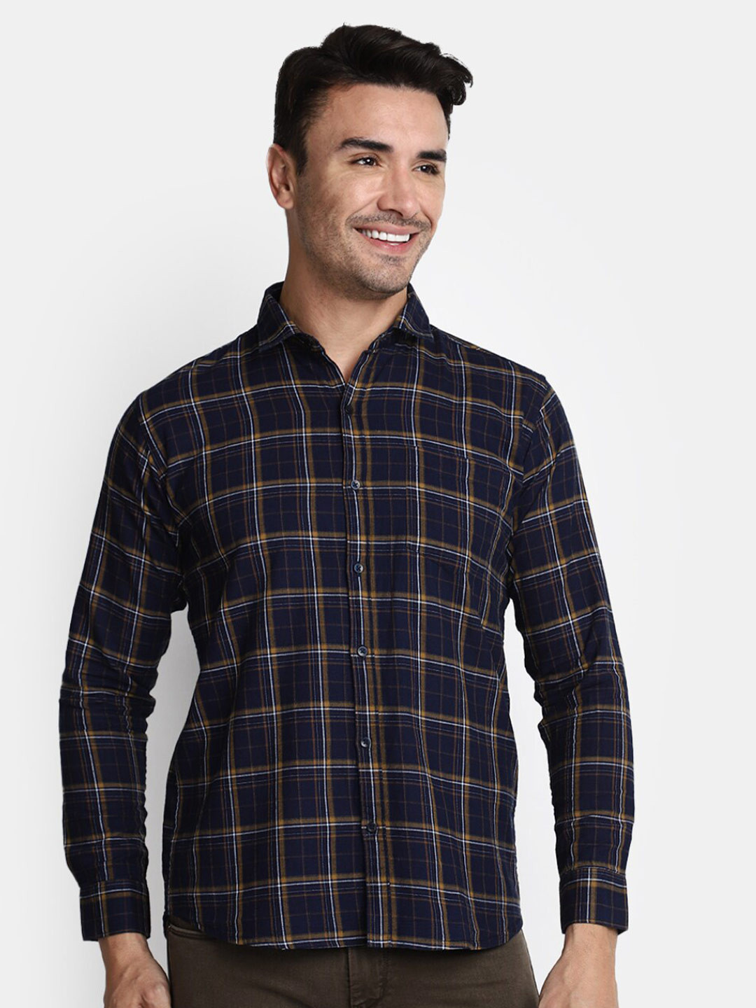 

V-Mart Tartan Checked Spread Collar Cotton Casual Shirt, Blue