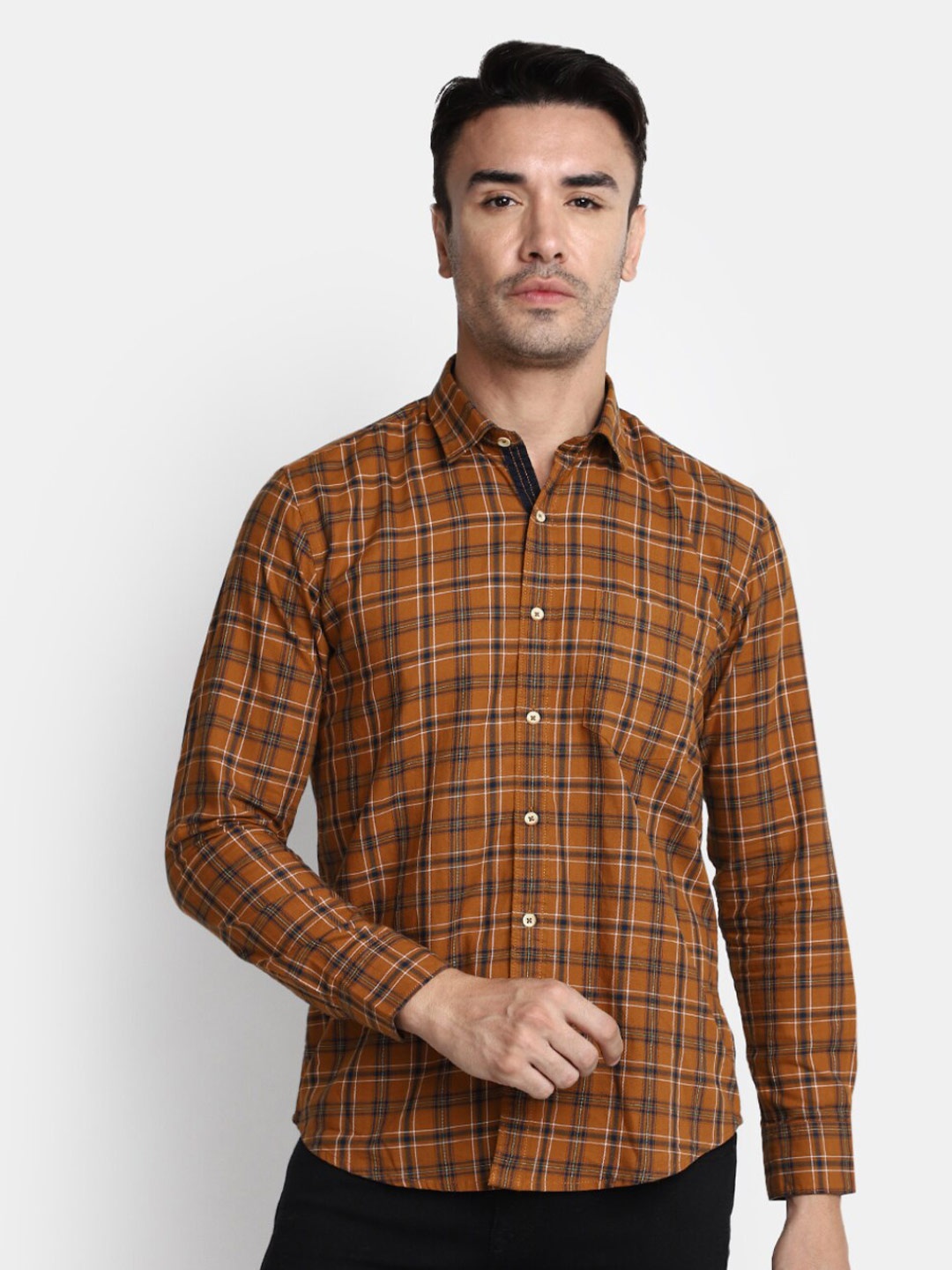 

V-Mart Tartan Checked Twill Spread Collar Cotton Casual Shirt, Brown