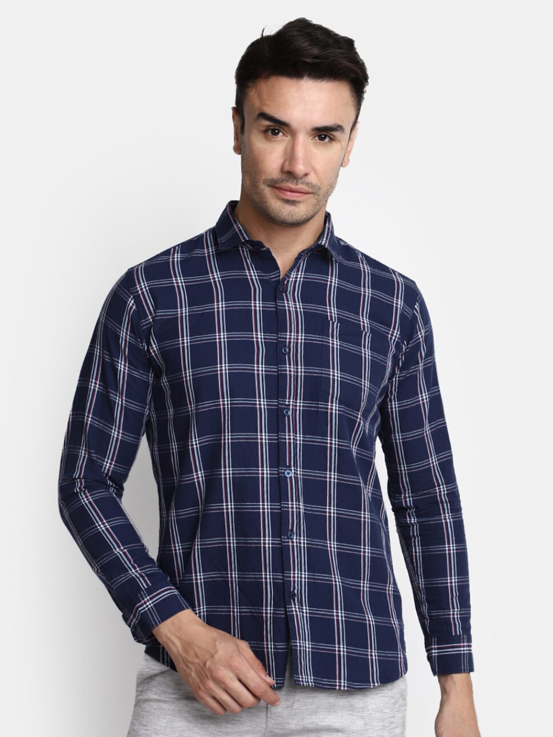 

V-Mart Tartan Checked Twill Spread Collar Cotton Casual Shirt, Blue