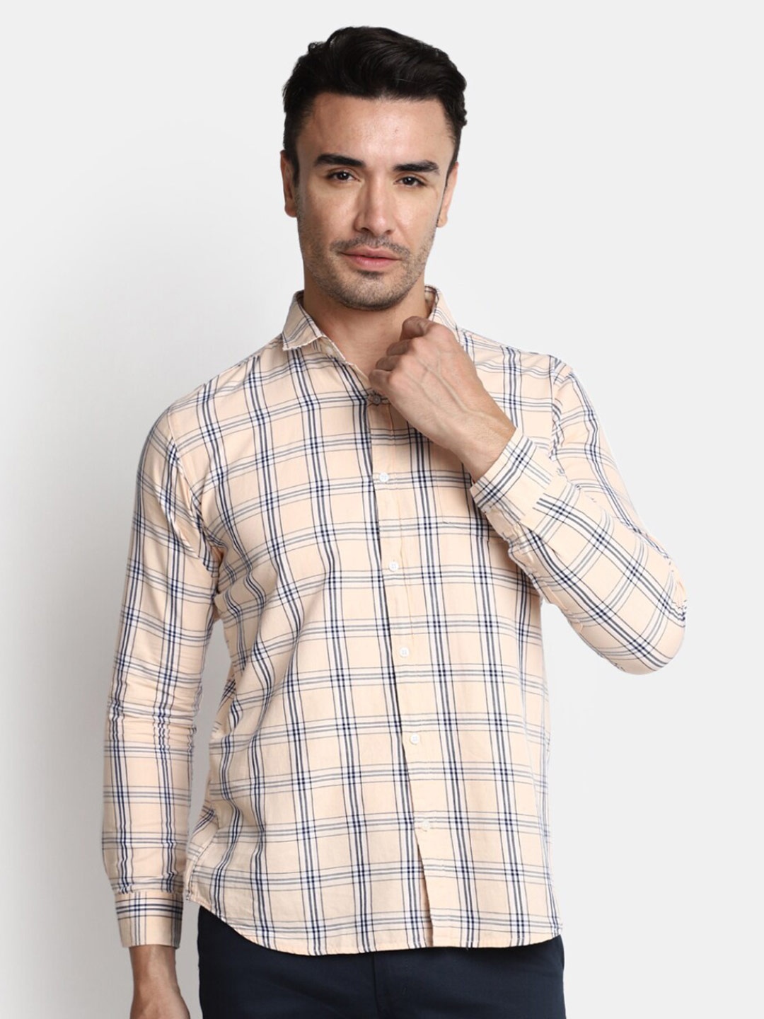 

V-Mart Tartan Checked Spread Collar Cotton Twill Casual Shirt, Beige