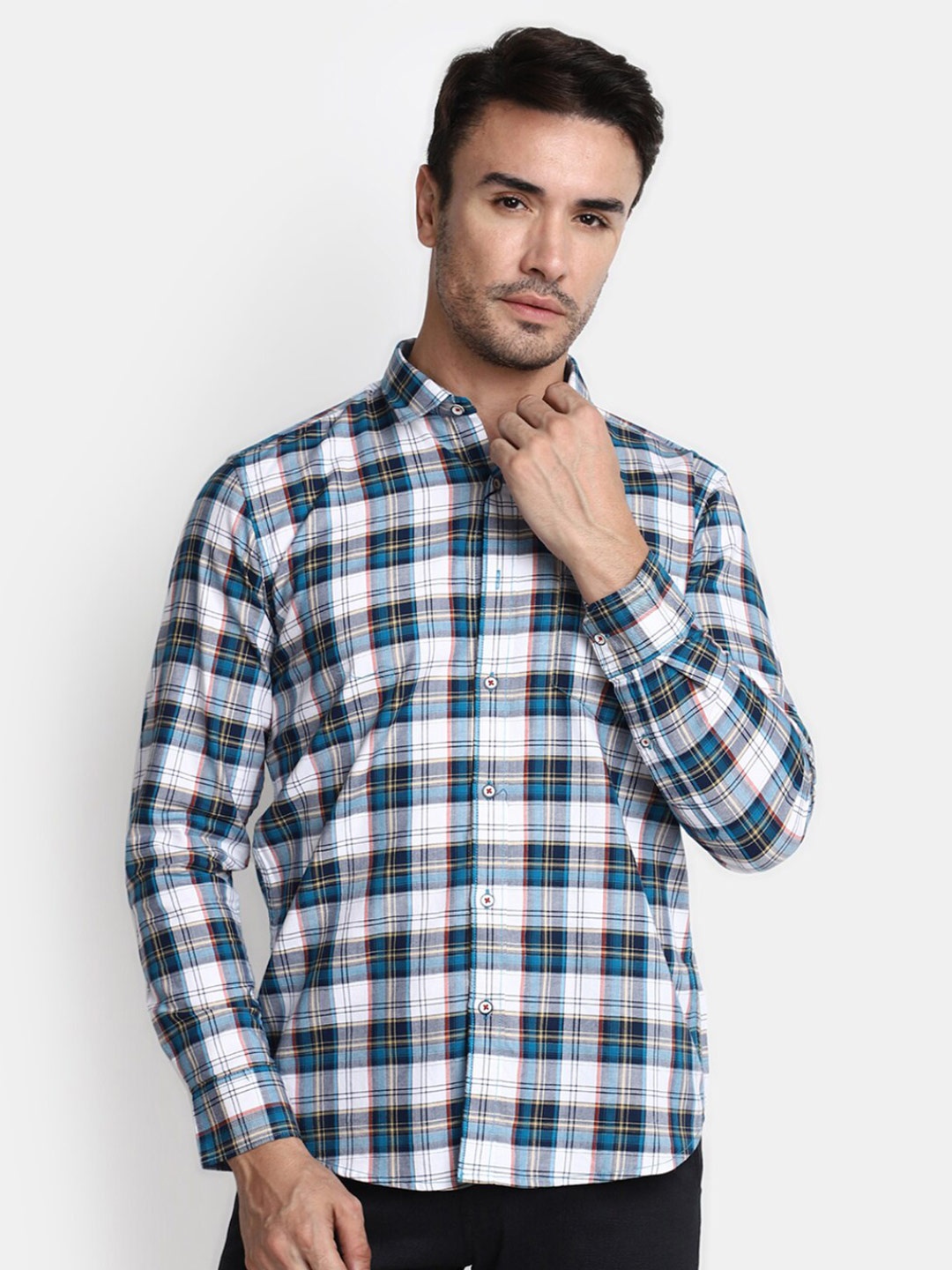 

V-Mart Tartan Checked Spread Collar Cotton Twill Casual Shirt, Blue