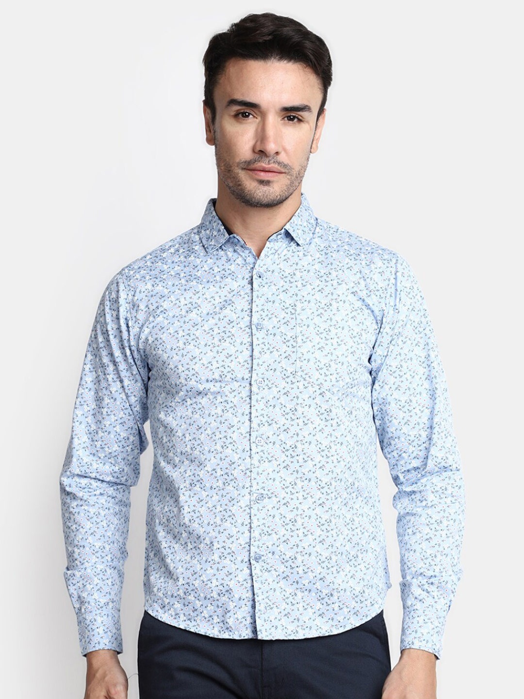 

V-Mart Slim Fit Floral Printed Cotton Twill Formal Shirt, Blue