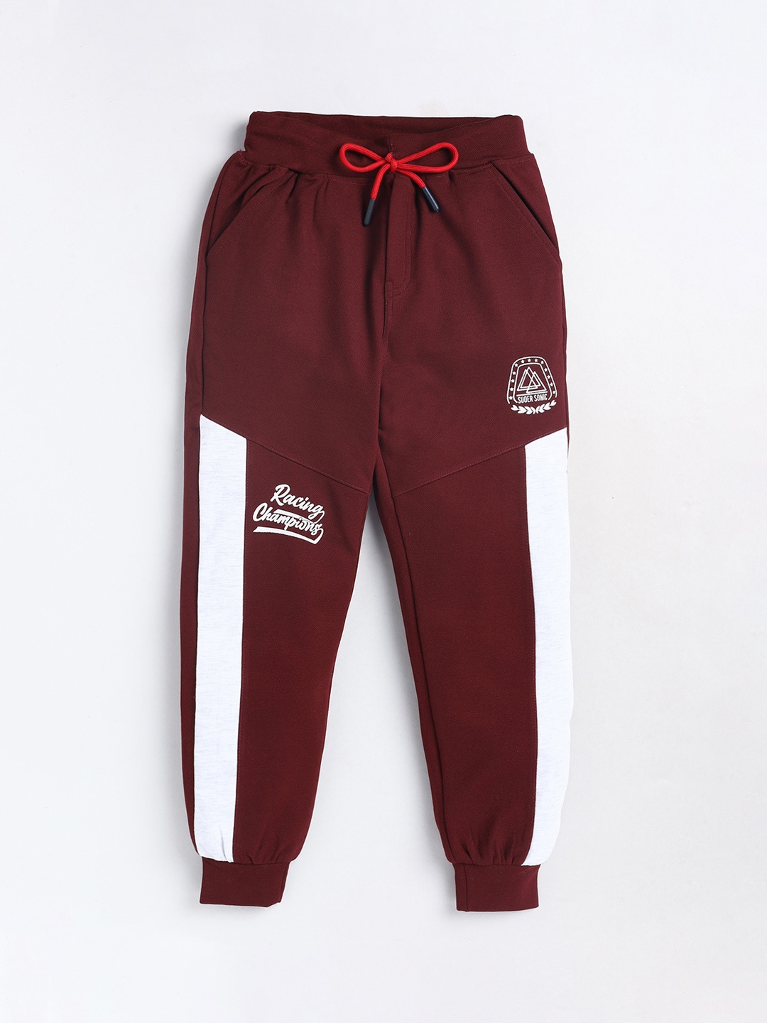 

Olio Kids Boys Colorblocked Mid Rise Cotton Joggers, Maroon