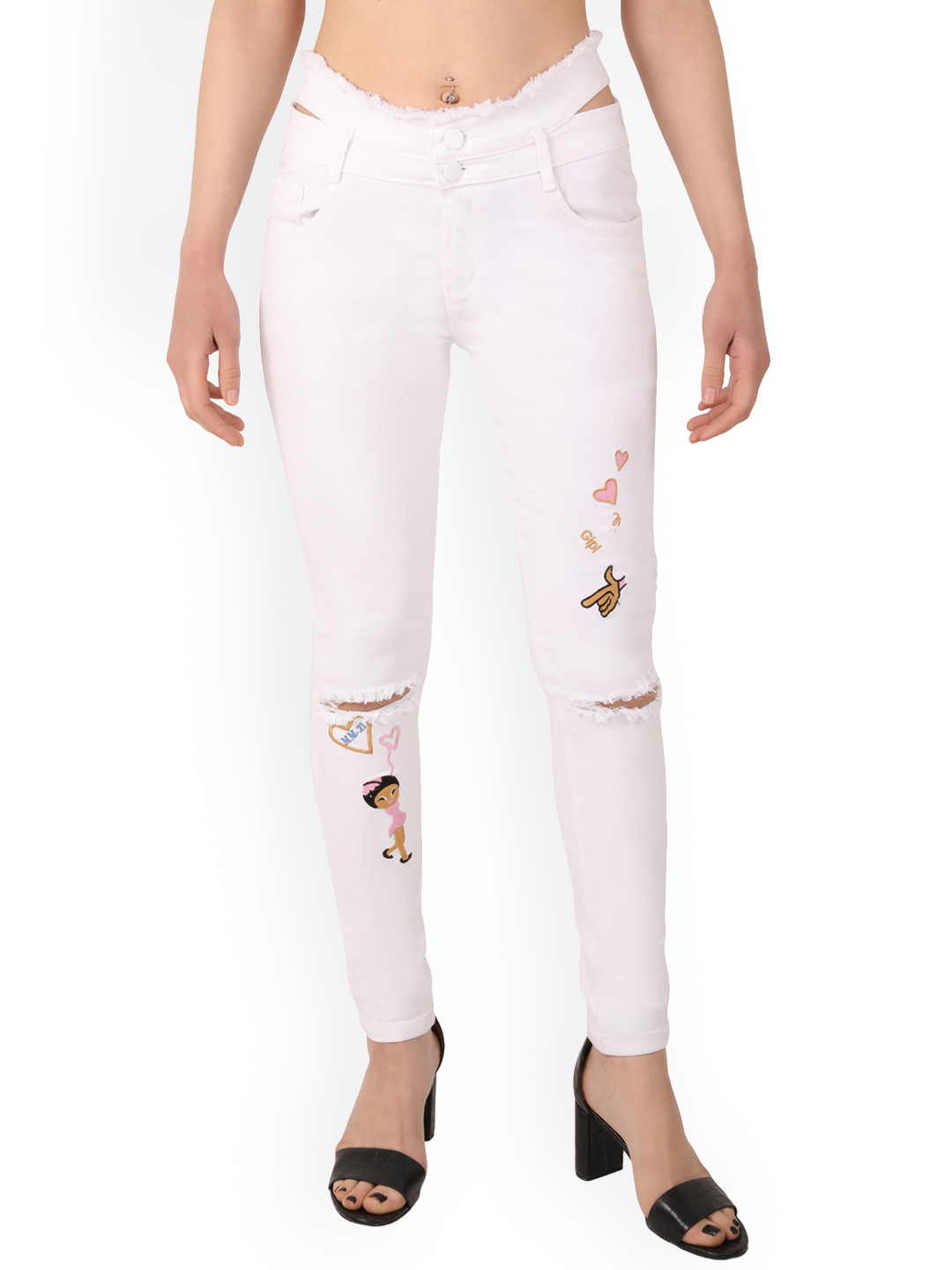 

MM-21 Women Jean Skinny Fit Slash Knee Embroidered Jeans, White