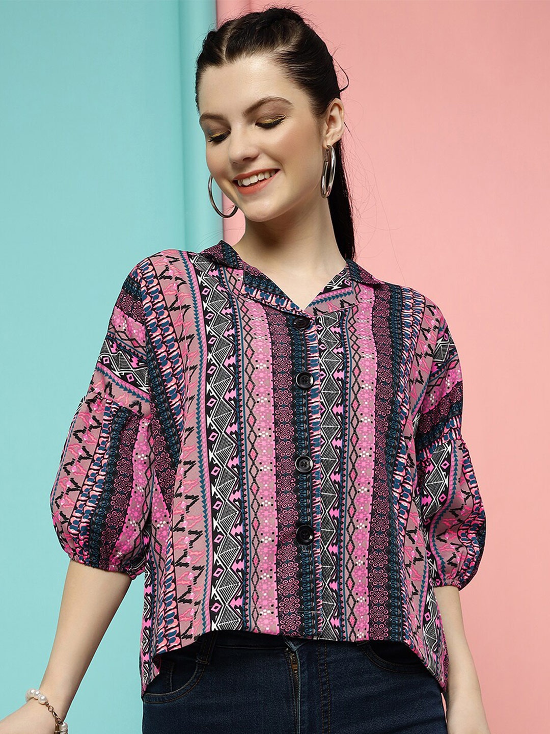 

FashionsEye Ethnic Motifs Printed Cuban Collar Crepe Shirt Style Top, Pink
