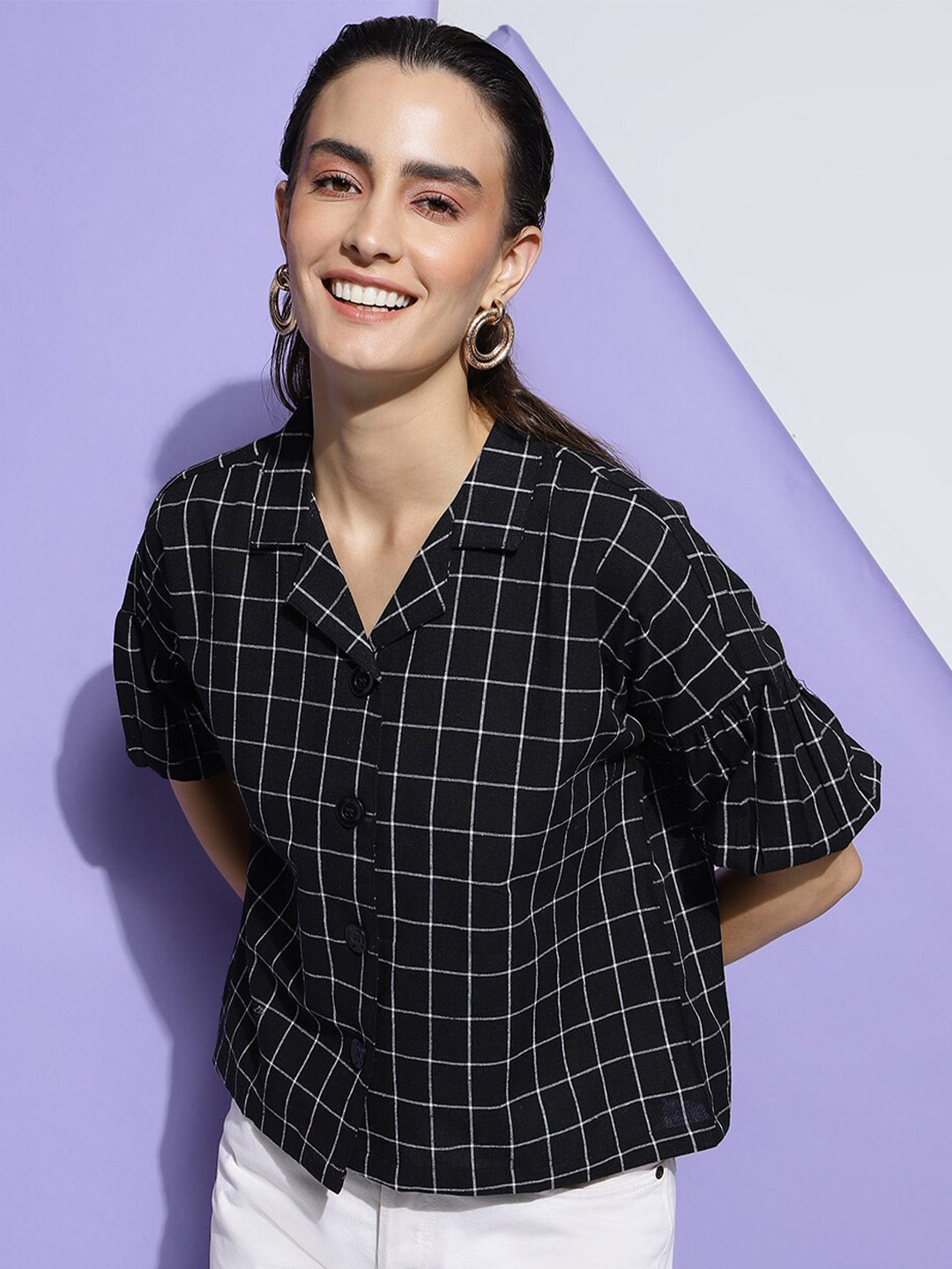 

FashionsEye Checked Cuban Collar Puff Sleeve Cotton Shirt Style Top, Black
