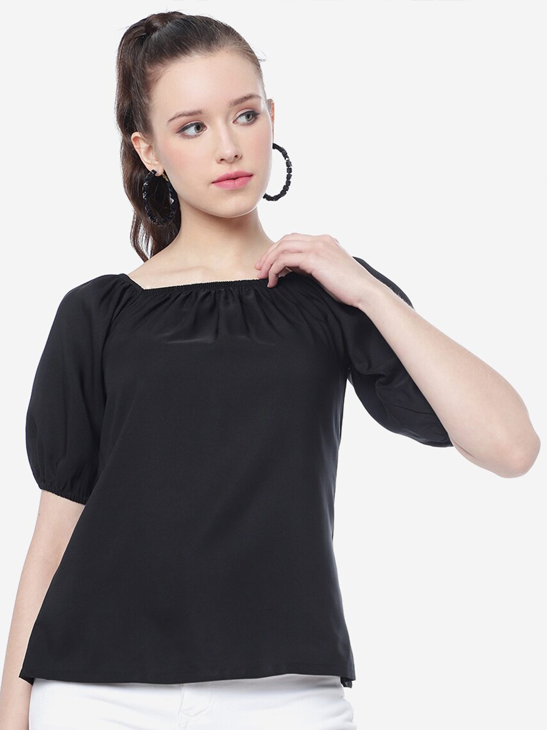 

FashionsEye Puff Sleeve Crepe Top, Black