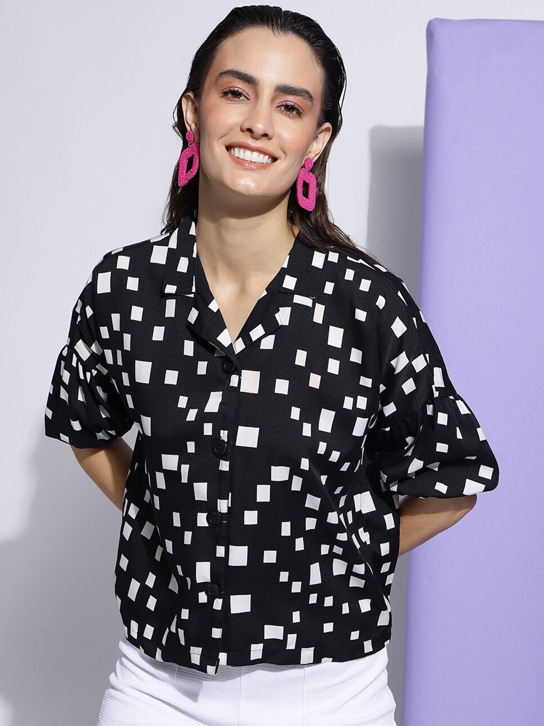 

FashionsEye Geometric Printed Shirt Style Top, Black