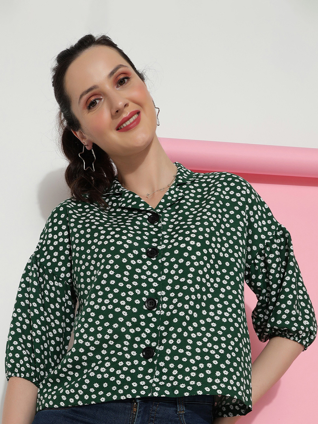 

FashionsEye Floral Printed Shirt Style Top, Green