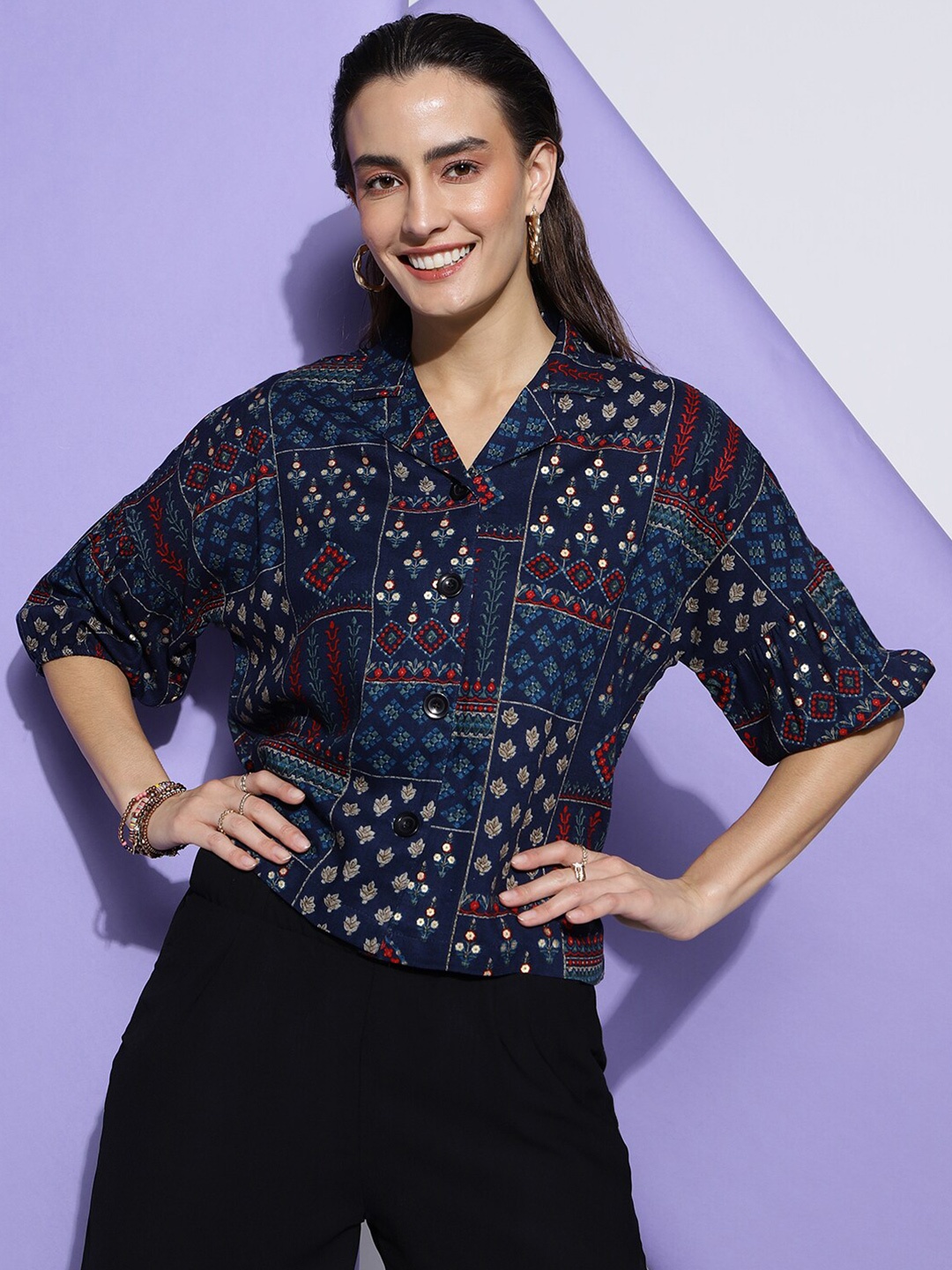 

FashionsEye Ethnic Motifs Printed Puff Sleeves Shirt Style Top, Navy blue