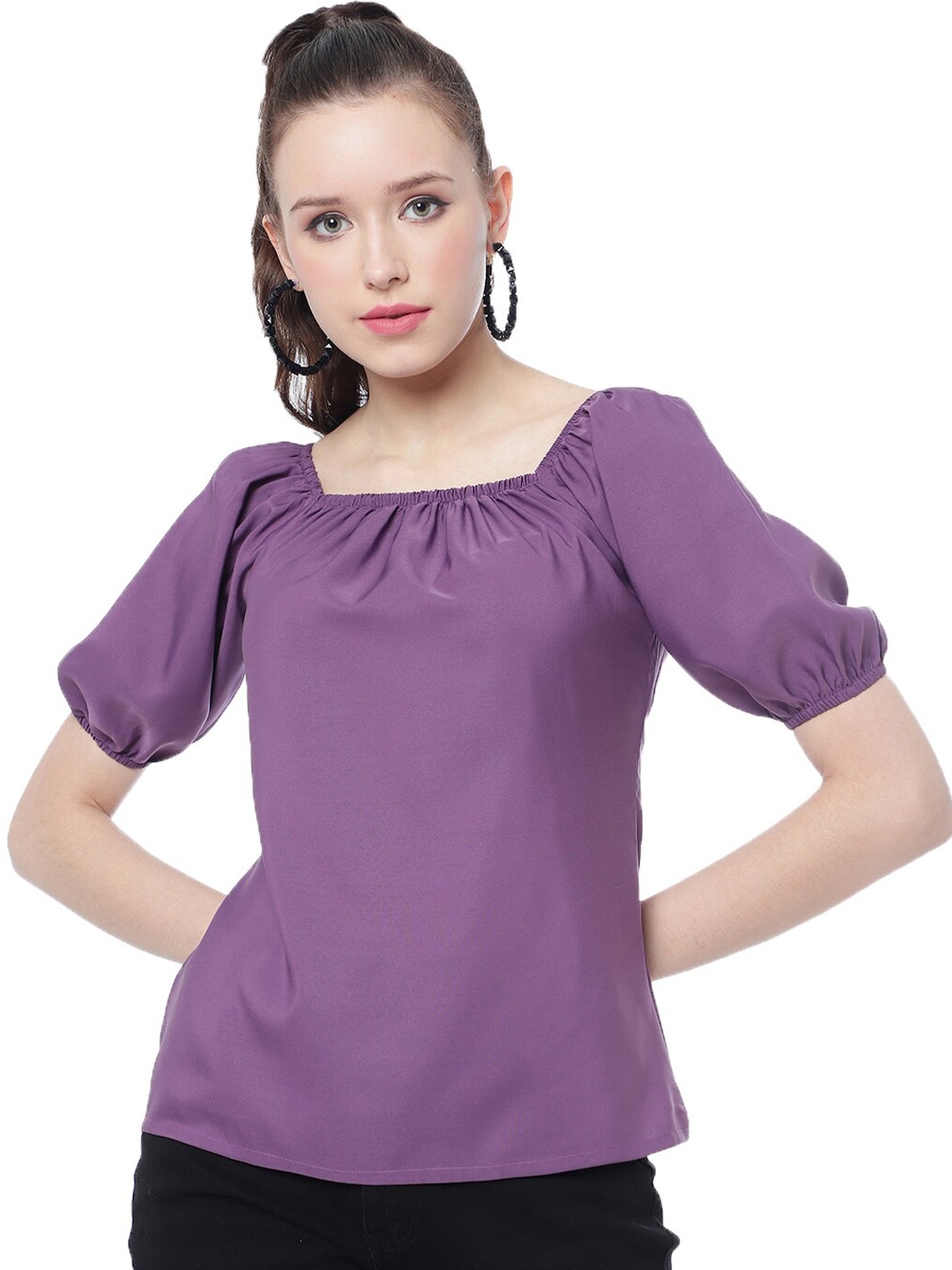 

FashionsEye Puff Sleeves Square Neck Gathered Top, Purple
