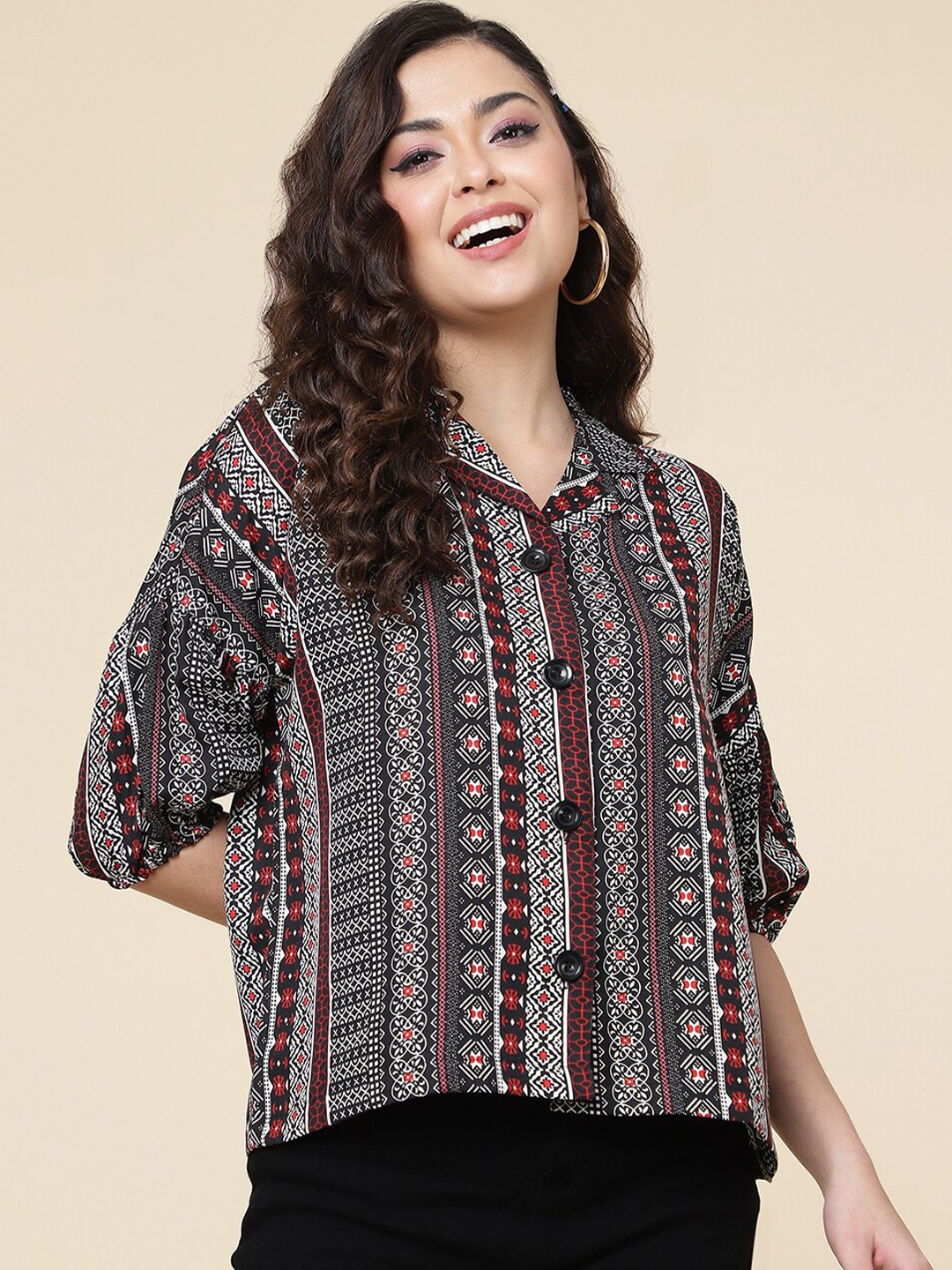 

FashionsEye Ethnic Motifs Printed Puff Sleeves Shirt Style Top, Maroon