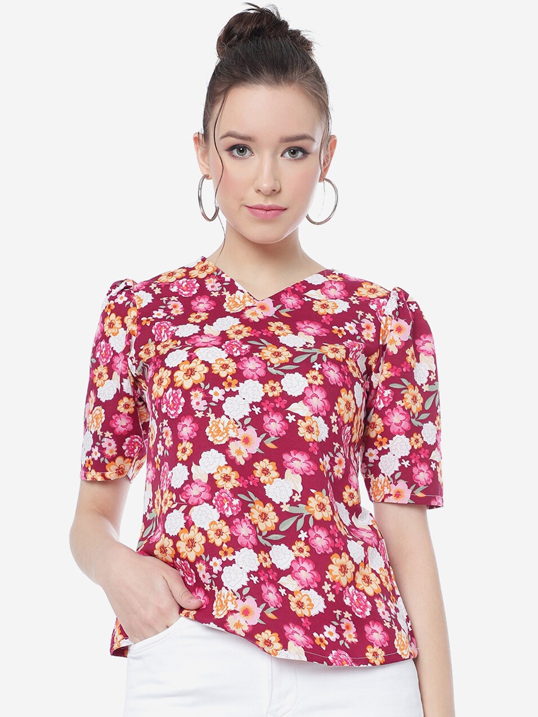 

FashionsEye Floral Printed V-Neck Crepe Top, Pink