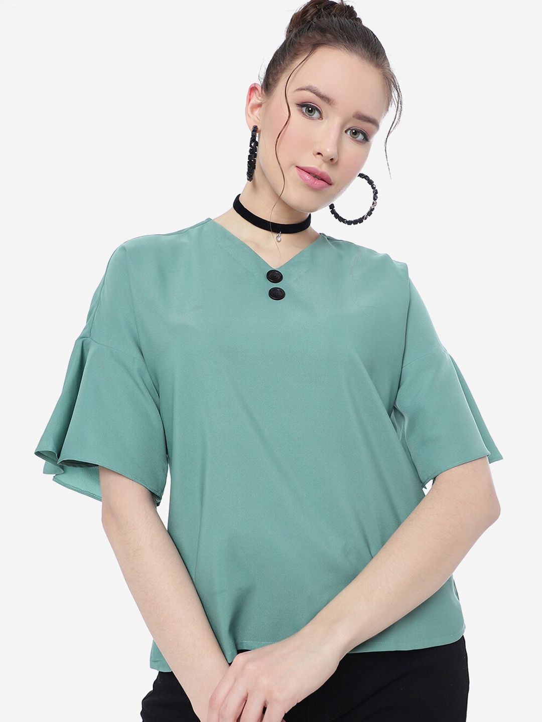 

FashionsEye V-Neck Bell Sleeve Crepe Top, Teal