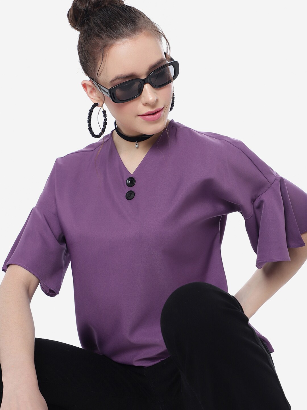 

FashionsEye V-Neck Extended Sleeves Crepe Top, Purple