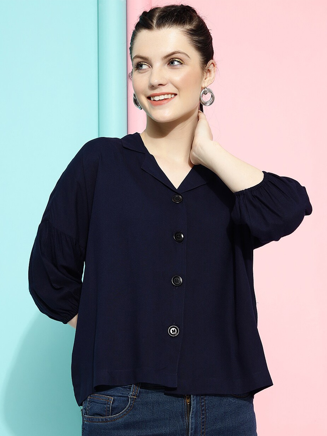 

FashionsEye Puff Sleeves Shirt Style Top, Navy blue