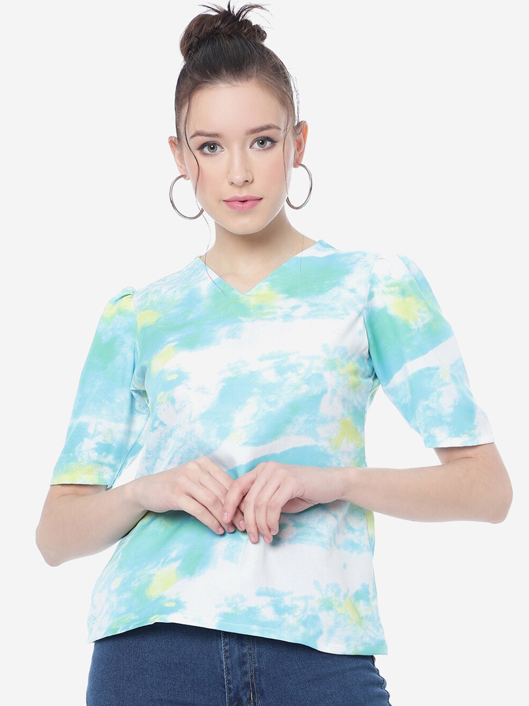 

FashionsEye Tie and Dye V-Neck Puff Sleeves Casual Top, Blue